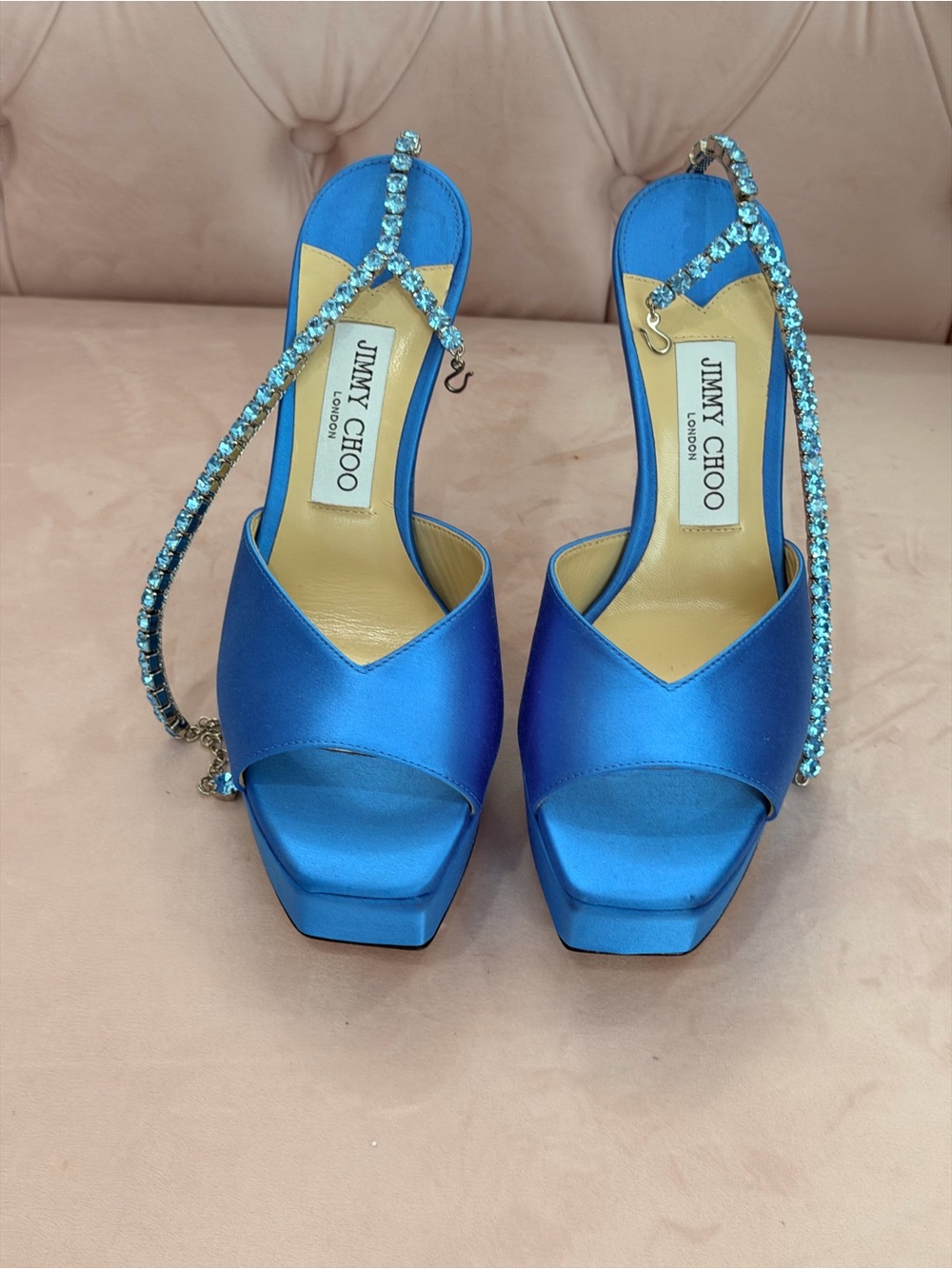 Jimmy Choo Aqua Blue Satin Platform Crystal Ankle Strap Heels